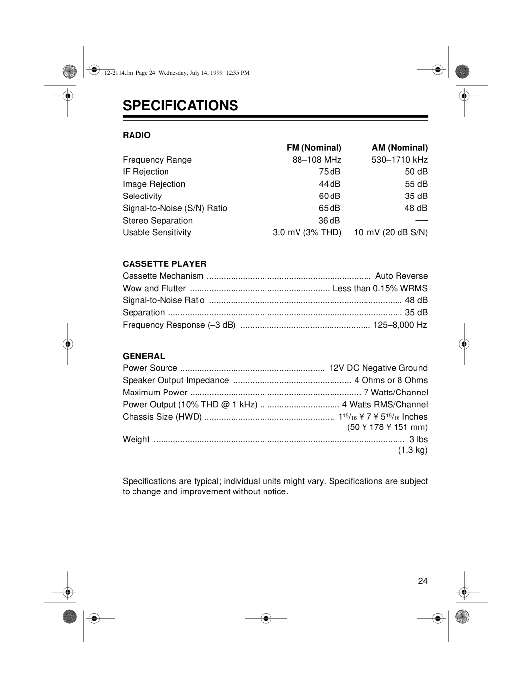 Optimus 4301-3838-0, 12-2114 owner manual Specifications, Radio 