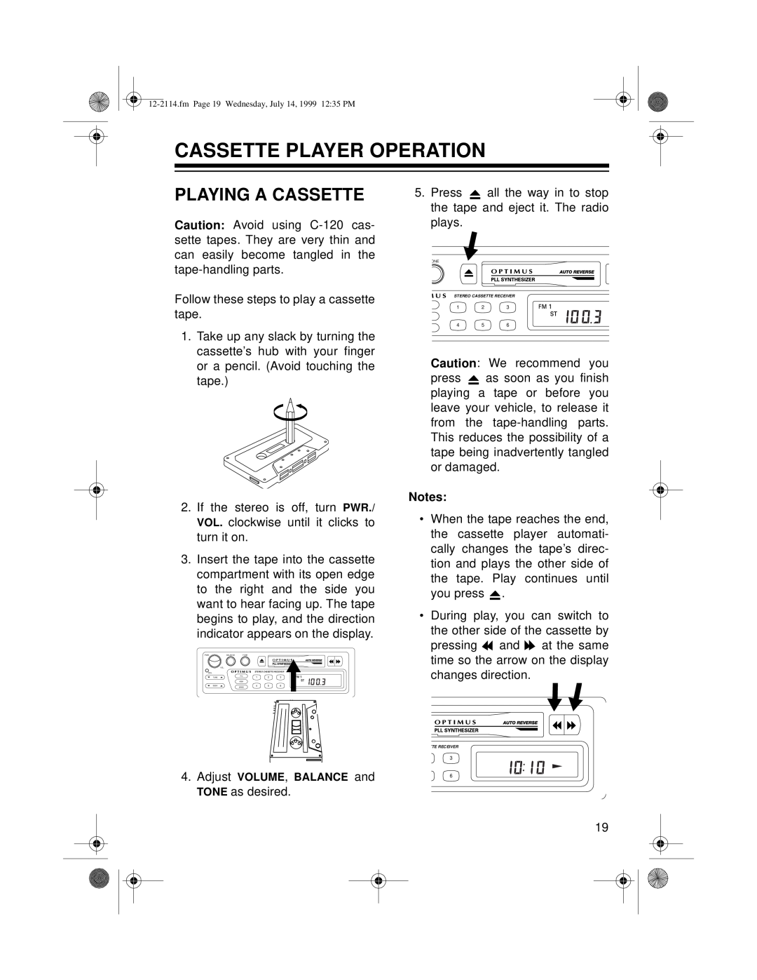 Optimus 12-2114, 4301-3838-0 owner manual Cassette Player Operation, Playing A Cassette 