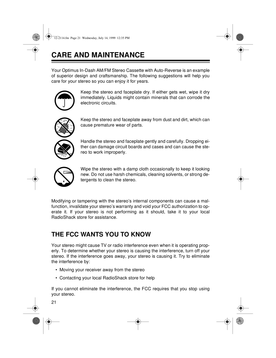 Optimus 12-2114, 4301-3838-0 owner manual Care And Maintenance, The Fcc Wants You To Know 