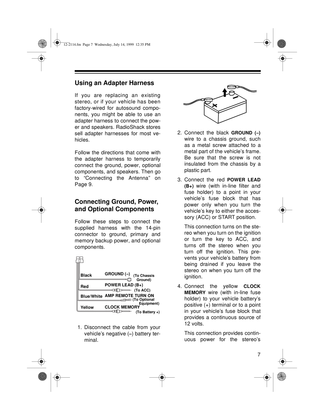 Optimus 12-2114, 4301-3838-0 owner manual Using an Adapter Harness, Connecting Ground, Power, and Optional Components 