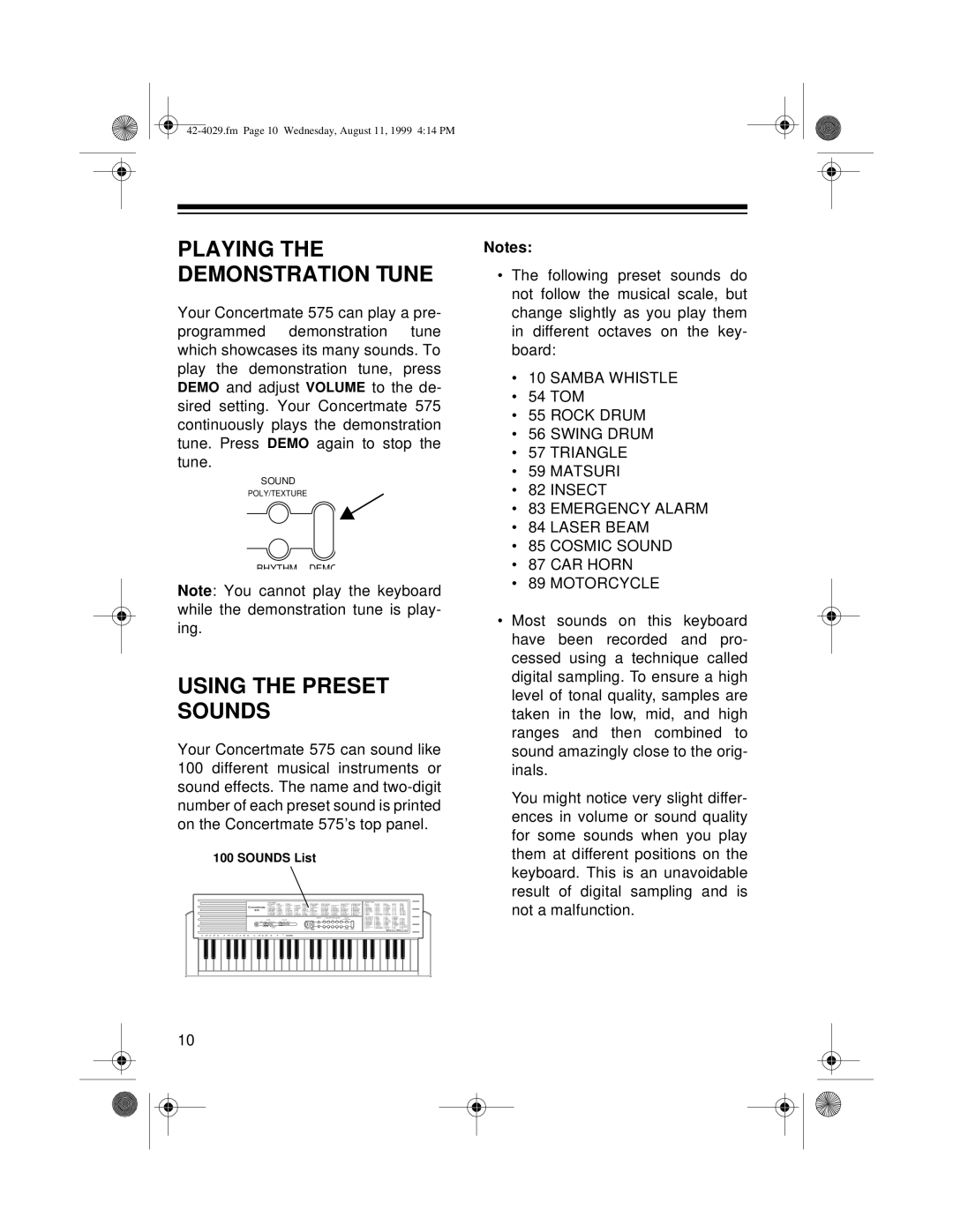 Optimus 575 owner manual Using the Preset Sounds, Playing the Demonstration Tune 