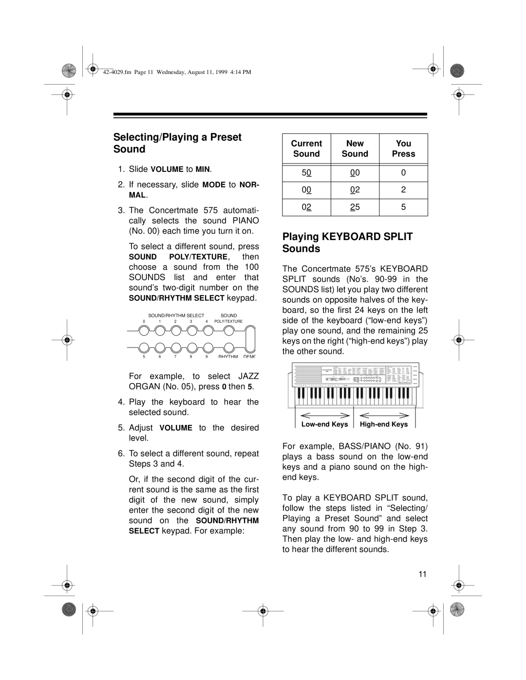 Optimus 575 owner manual Selecting/Playing a Preset Sound, Playing Keyboard Split Sounds 