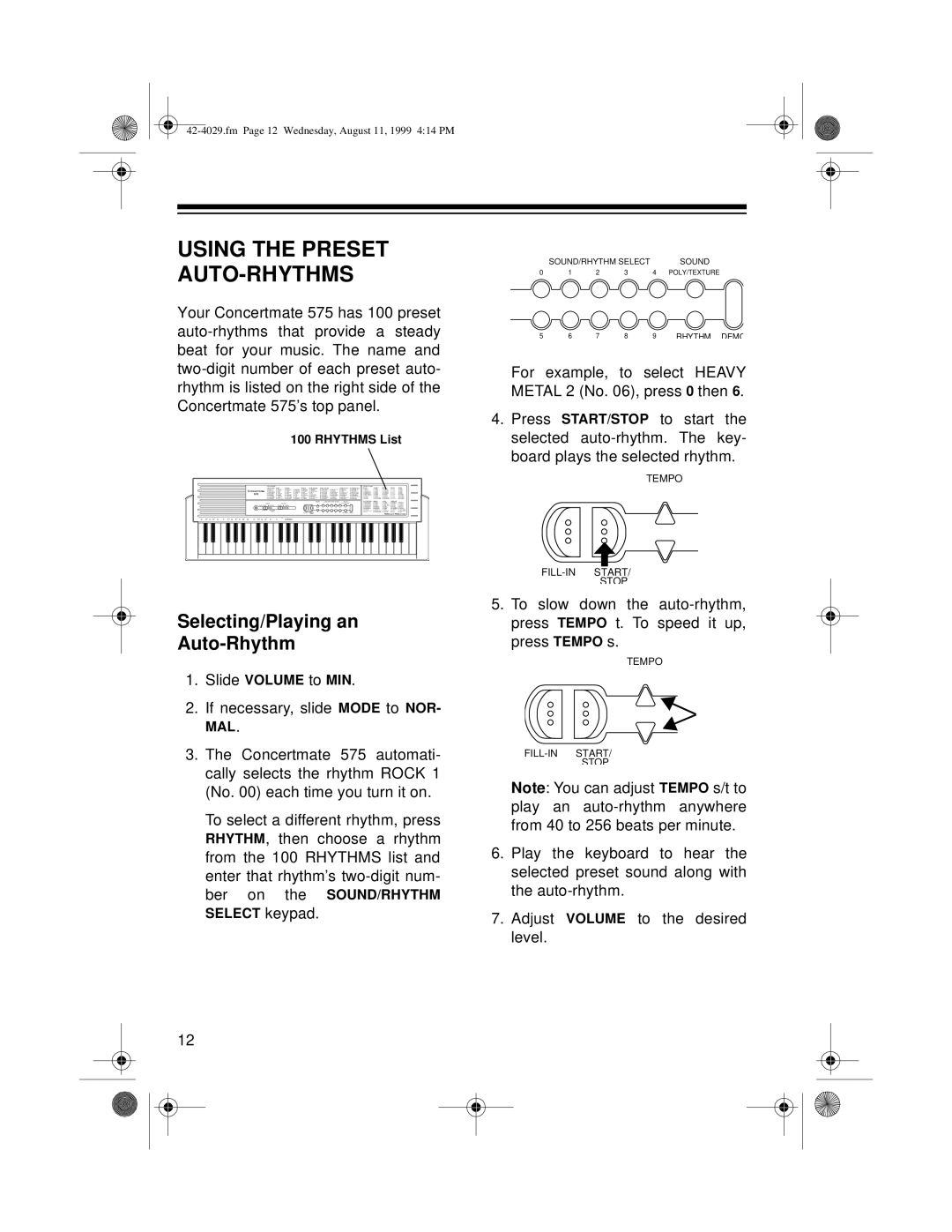 Optimus 575 owner manual Using the Preset AUTO-RHYTHMS, Selecting/Playing an Auto-Rhythm 