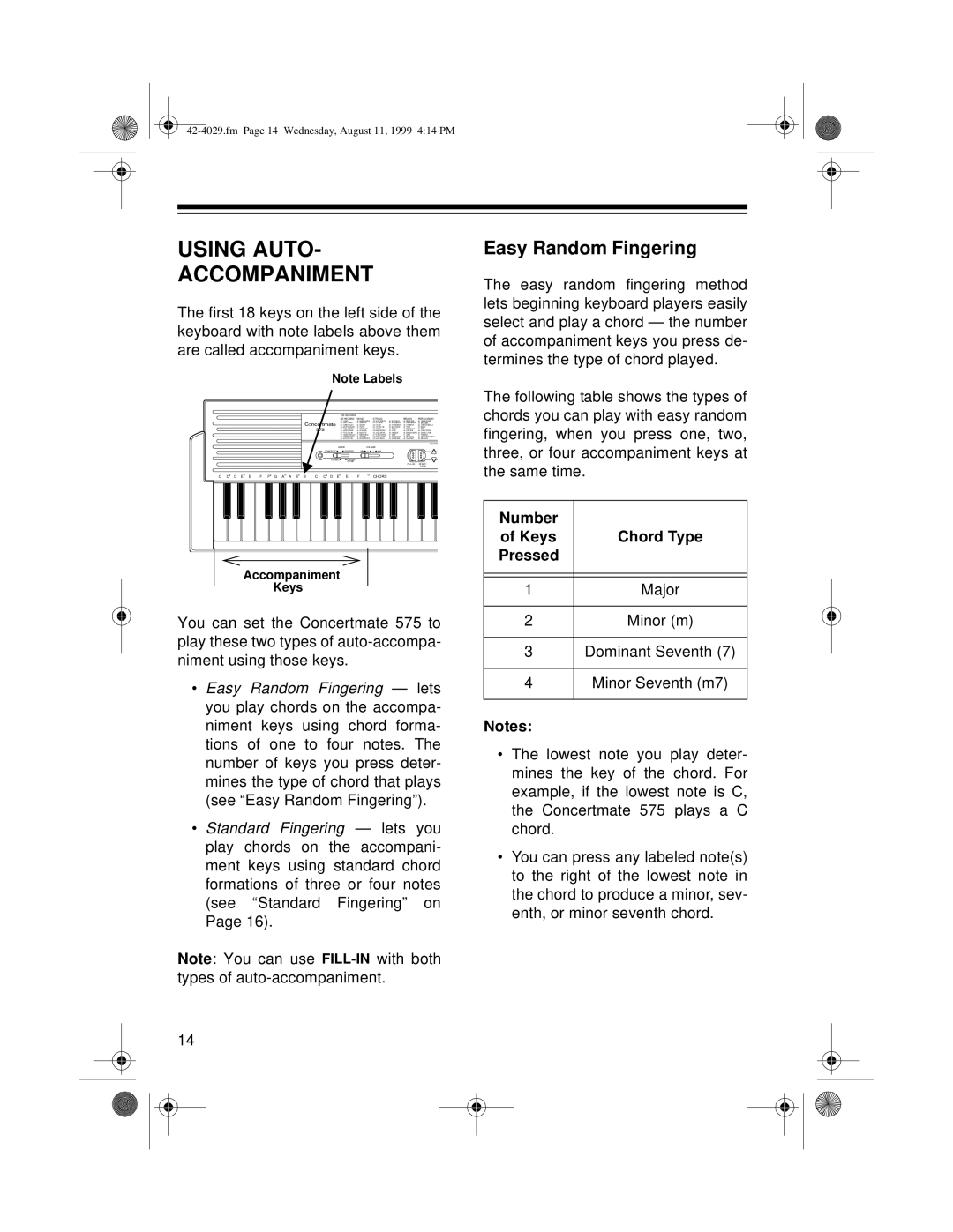 Optimus 575 owner manual Using Auto Accompaniment, Easy Random Fingering 