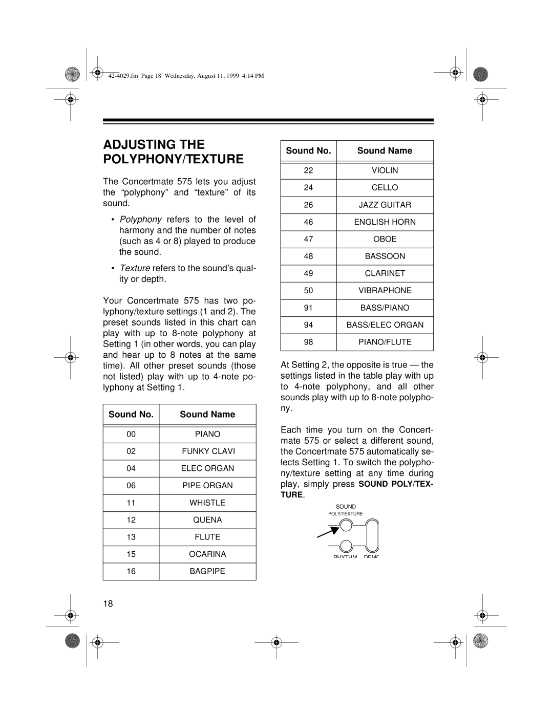 Optimus 575 owner manual Adjusting the POLYPHONY/TEXTURE 