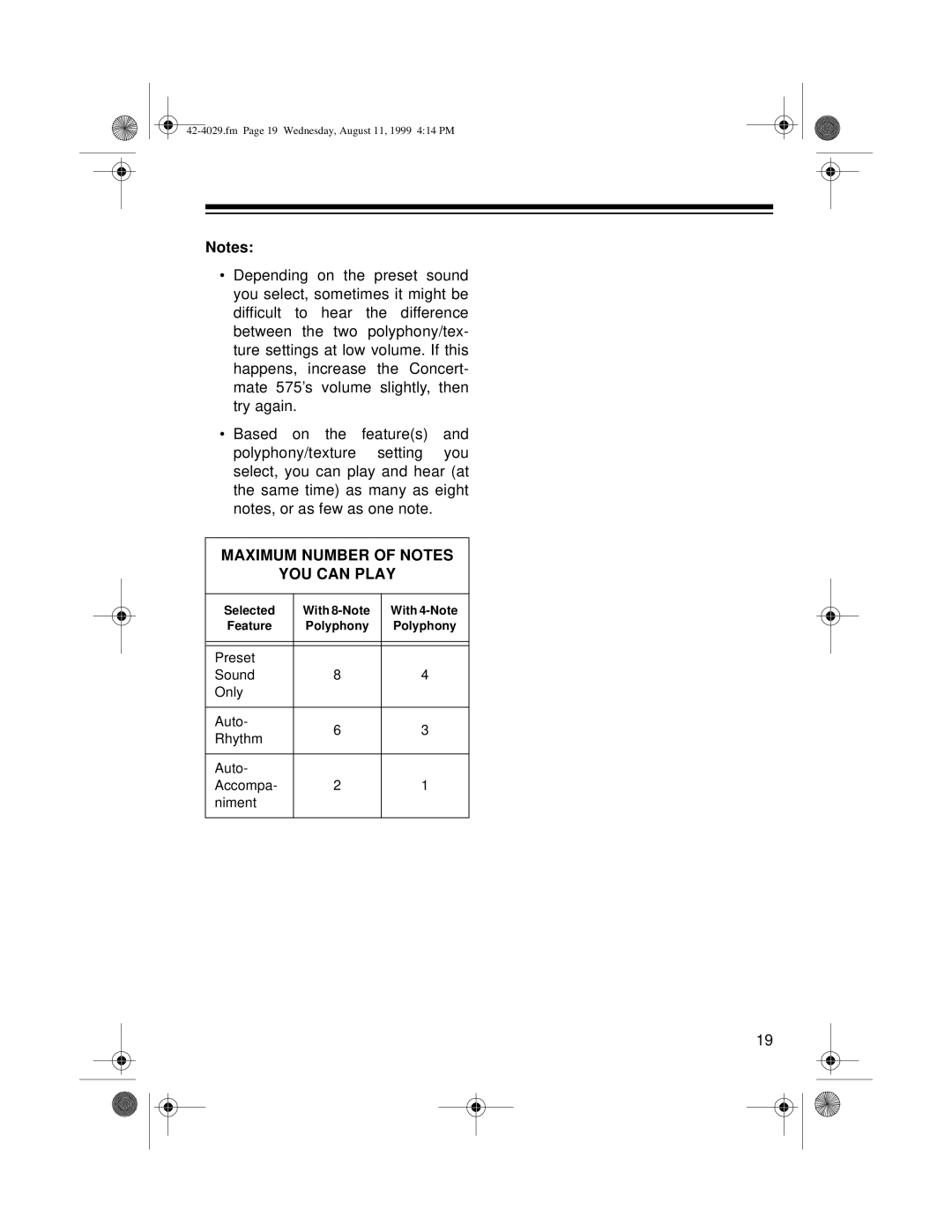 Optimus 575 owner manual Maximum Number of Notes YOU can Play 