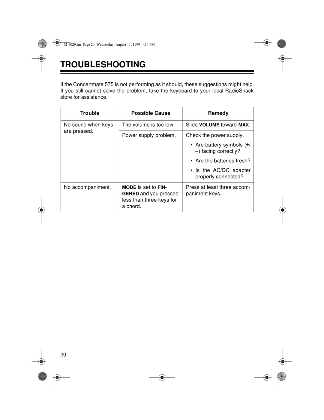 Optimus 575 owner manual Troubleshooting, Trouble Possible Cause Remedy 