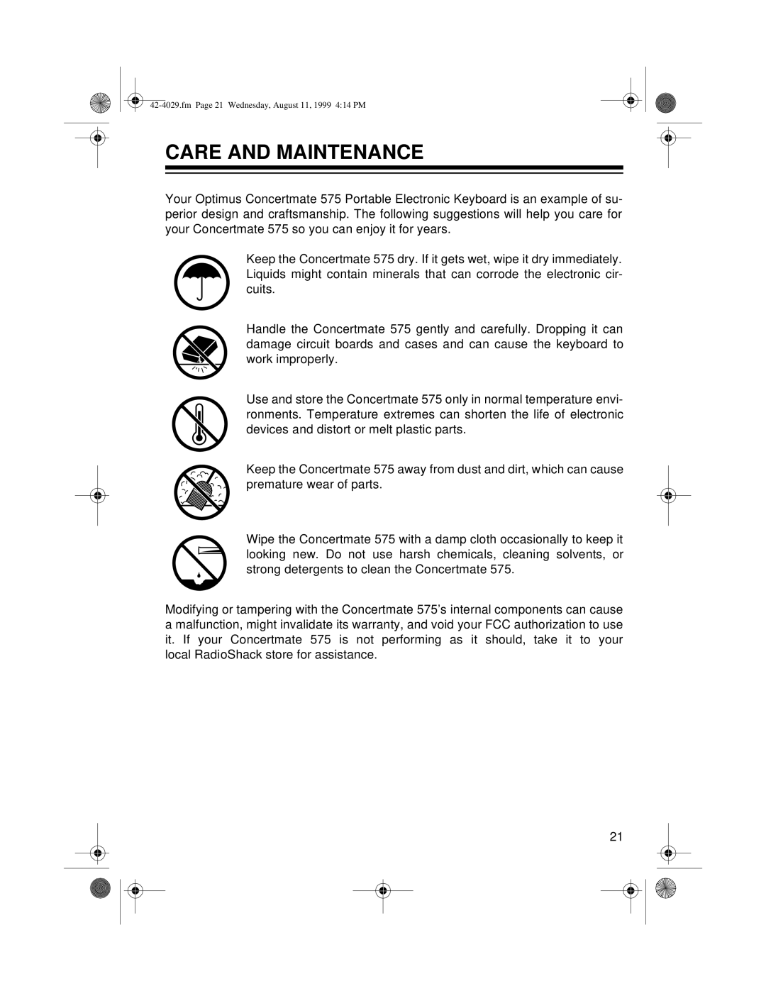 Optimus 575 owner manual Care and Maintenance 