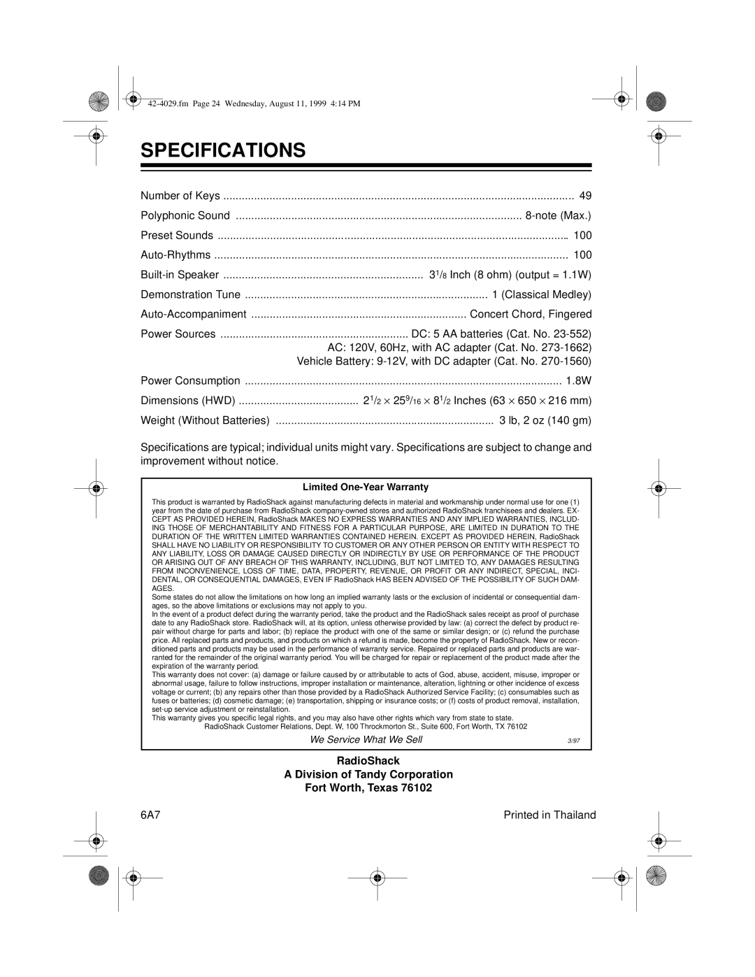 Optimus 575 owner manual Specifications, Limited One-Year Warranty 