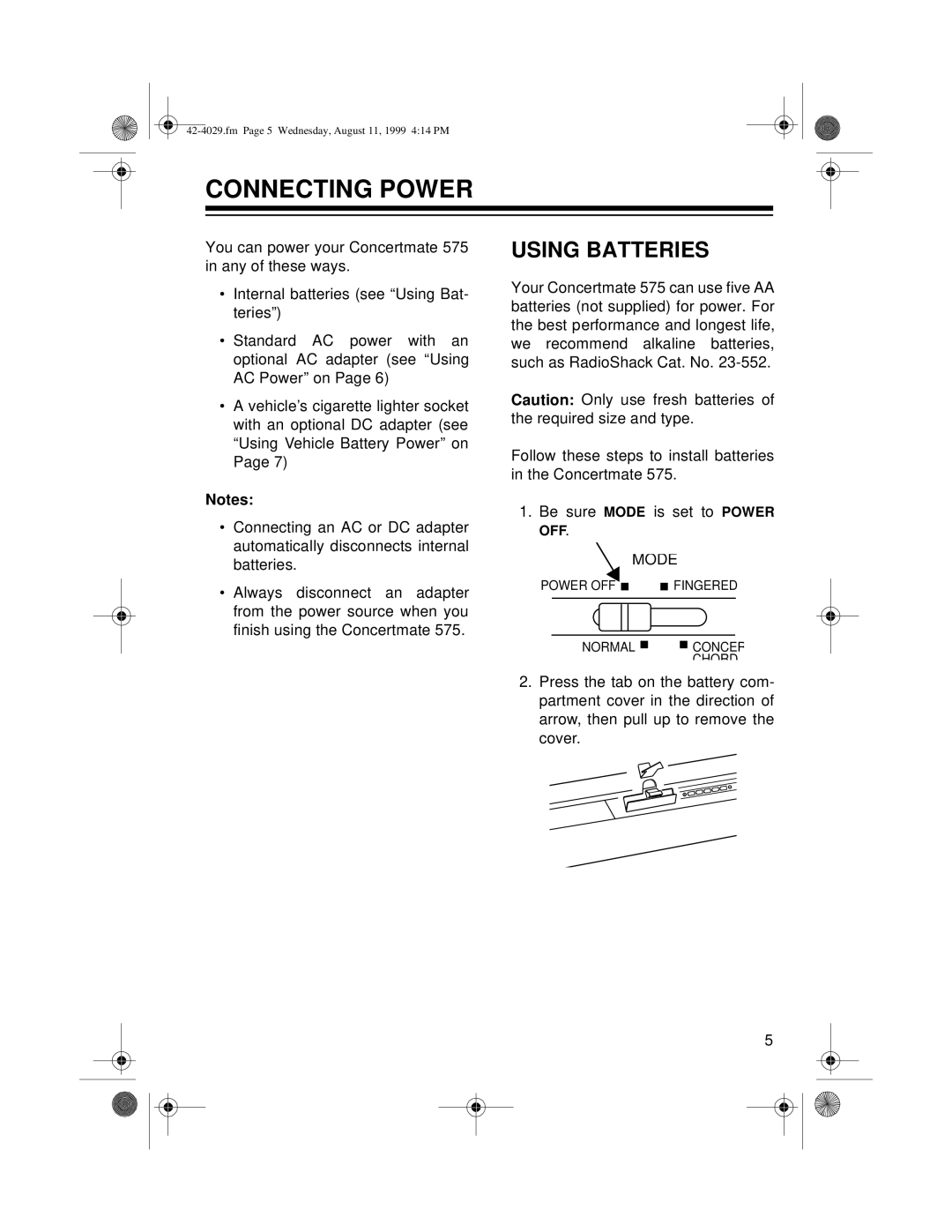 Optimus 575 owner manual Connecting Power, Using Batteries 