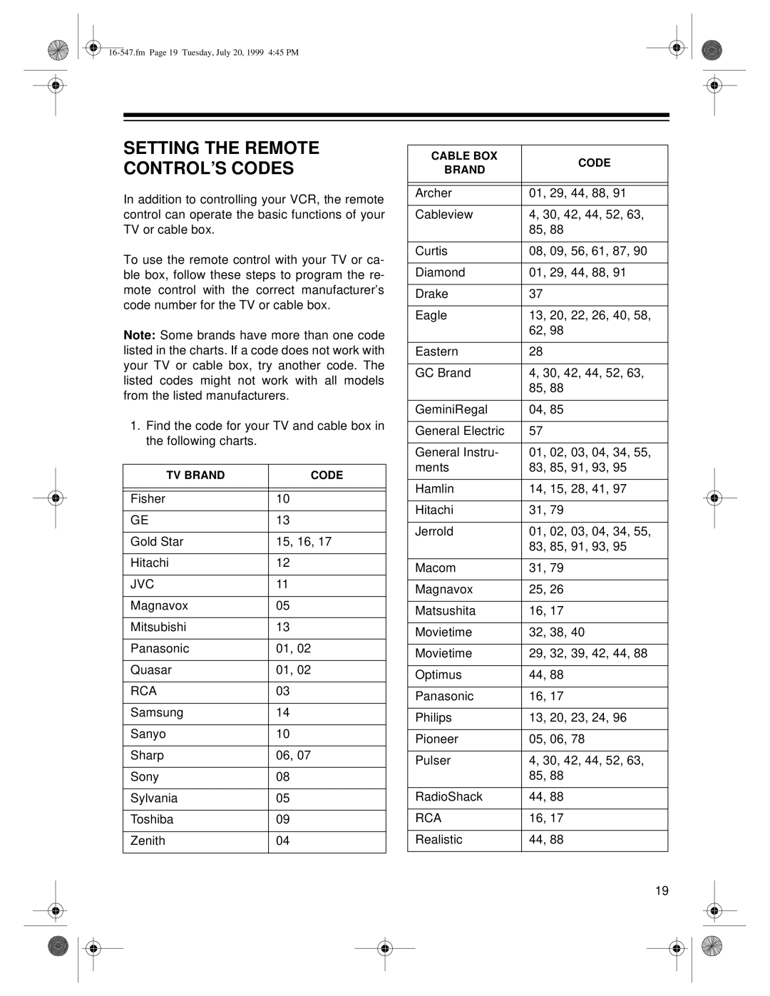 Optimus 110, 60 owner manual Setting the Remote CONTROL’S Codes, Rca 