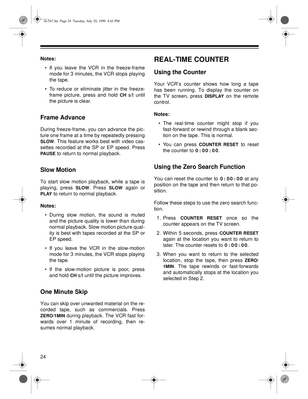 Optimus 60, 110 owner manual REAL-TIME Counter 