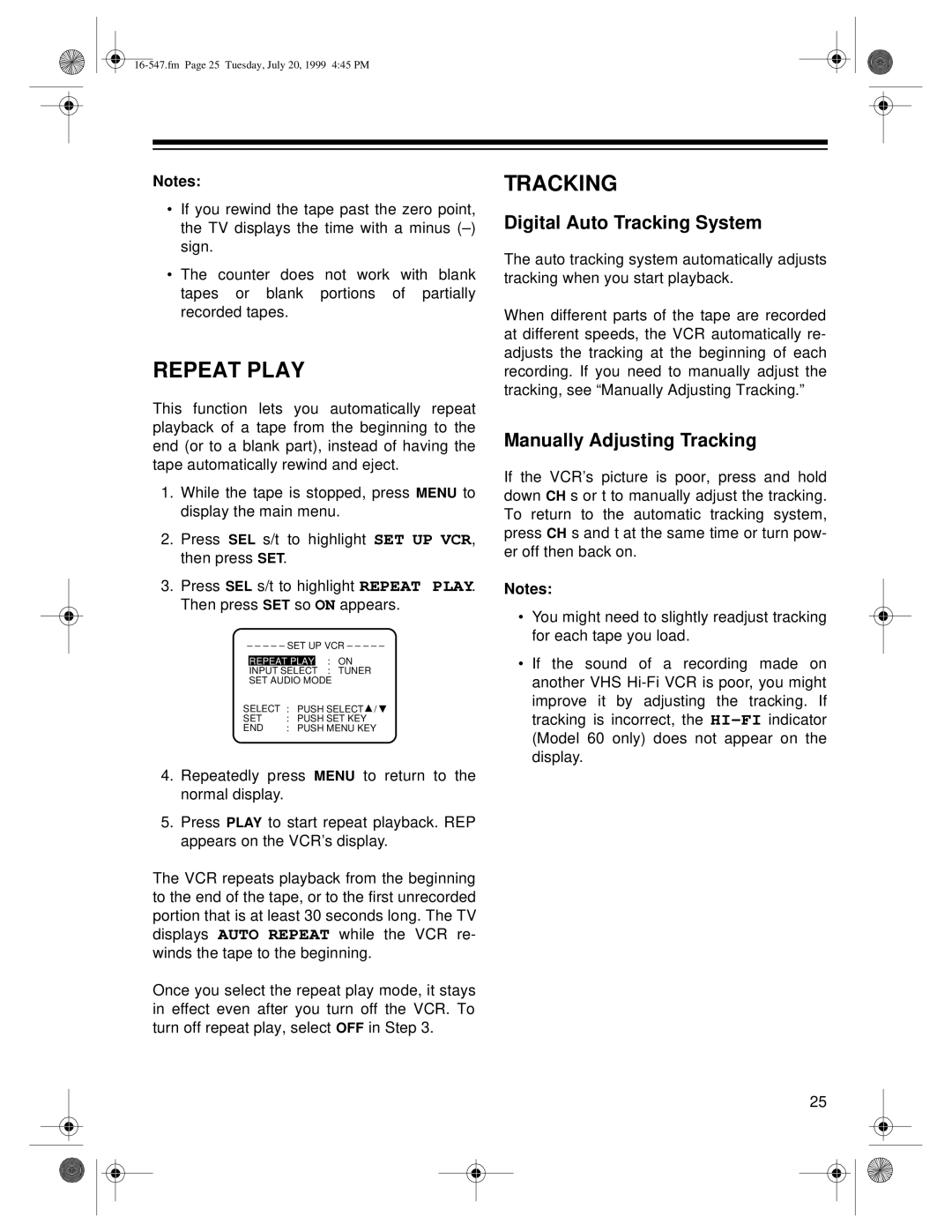 Optimus 110, 60 owner manual Repeat Play, Digital Auto Tracking System, Manually Adjusting Tracking 