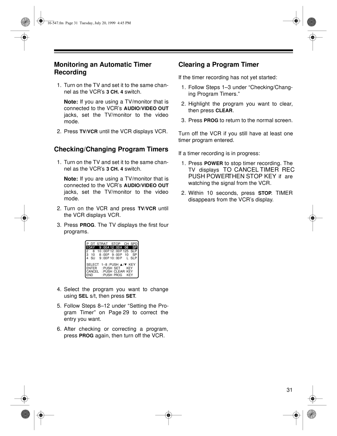 Optimus 110, 60 Monitoring an Automatic Timer Recording, Checking/Changing Program Timers, Clearing a Program Timer 