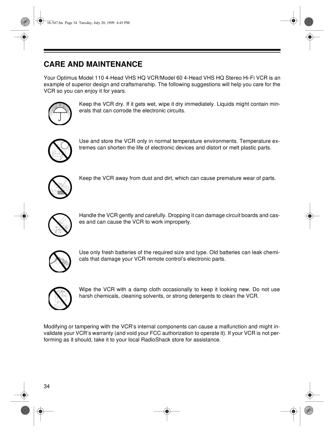 Optimus 60, 110 owner manual Care and Maintenance 