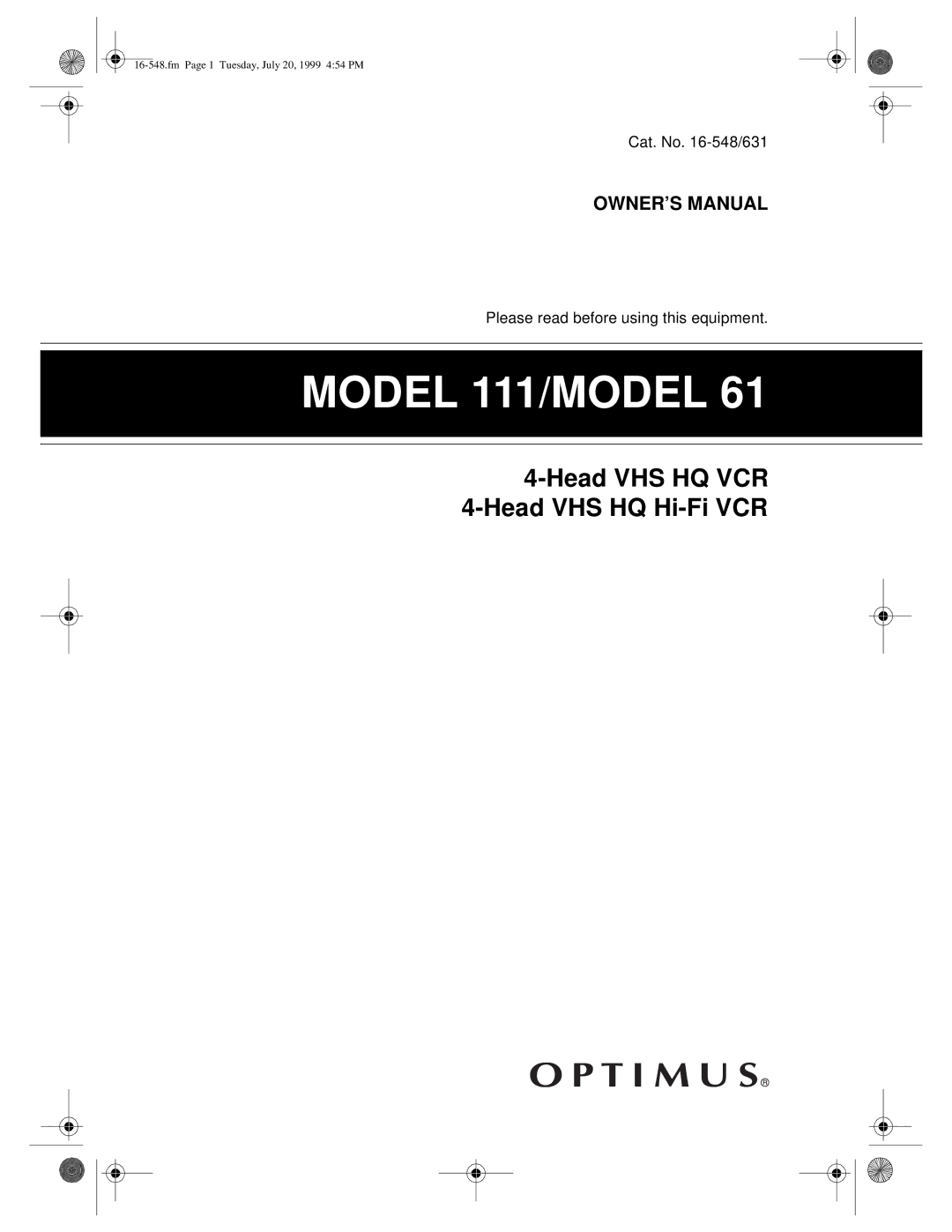 Optimus 61 owner manual Model 111/MODEL 