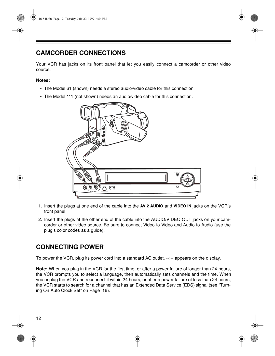 Optimus 61, 111 owner manual Camcorder Connections, Connecting Power 