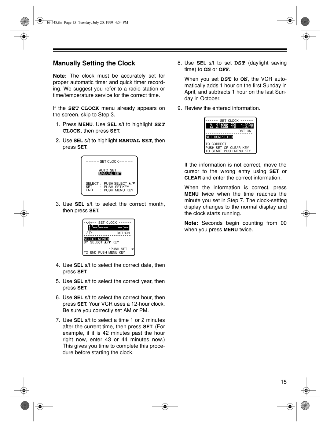 Optimus 111, 61 owner manual Manually Setting the Clock, FRI 130PM 