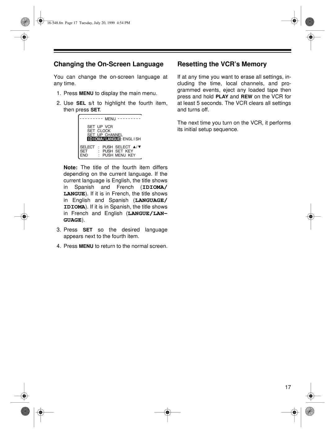 Optimus 111, 61 owner manual Changing the On-Screen Language, Resetting the VCR’s Memory 