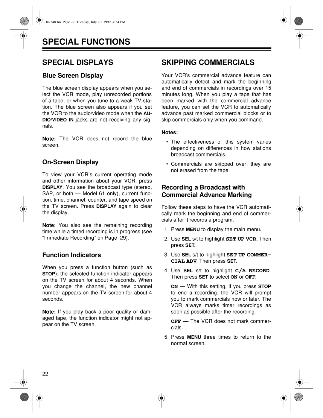 Optimus 61, 111 owner manual Special Functions, Special Displays, Skipping Commercials 