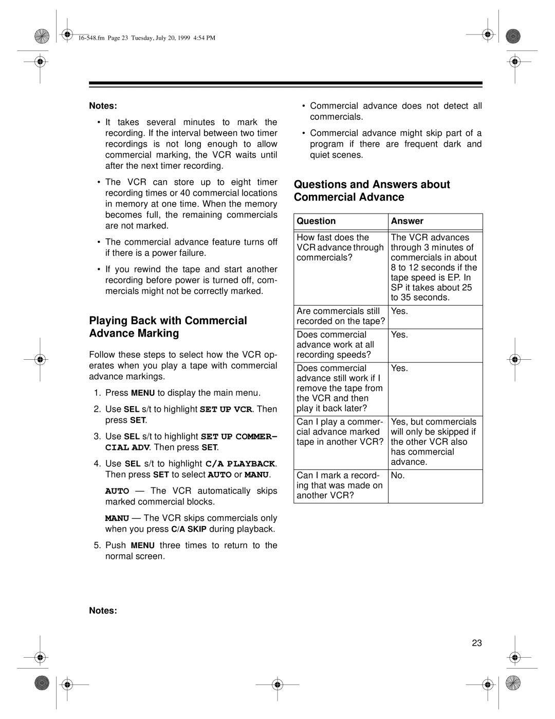 Optimus 111, 61 owner manual Playing Back with Commercial Advance Marking, Questions and Answers about Commercial Advance 