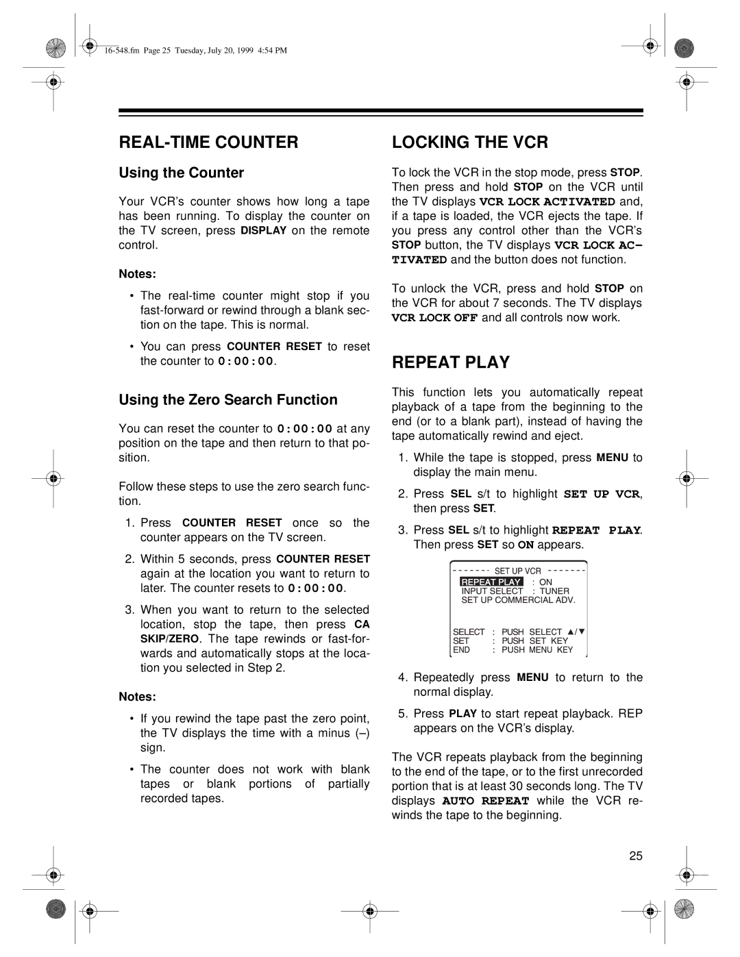 Optimus 111, 61 REAL-TIME Counter, Locking the VCR, Repeat Play, Using the Counter, Using the Zero Search Function 