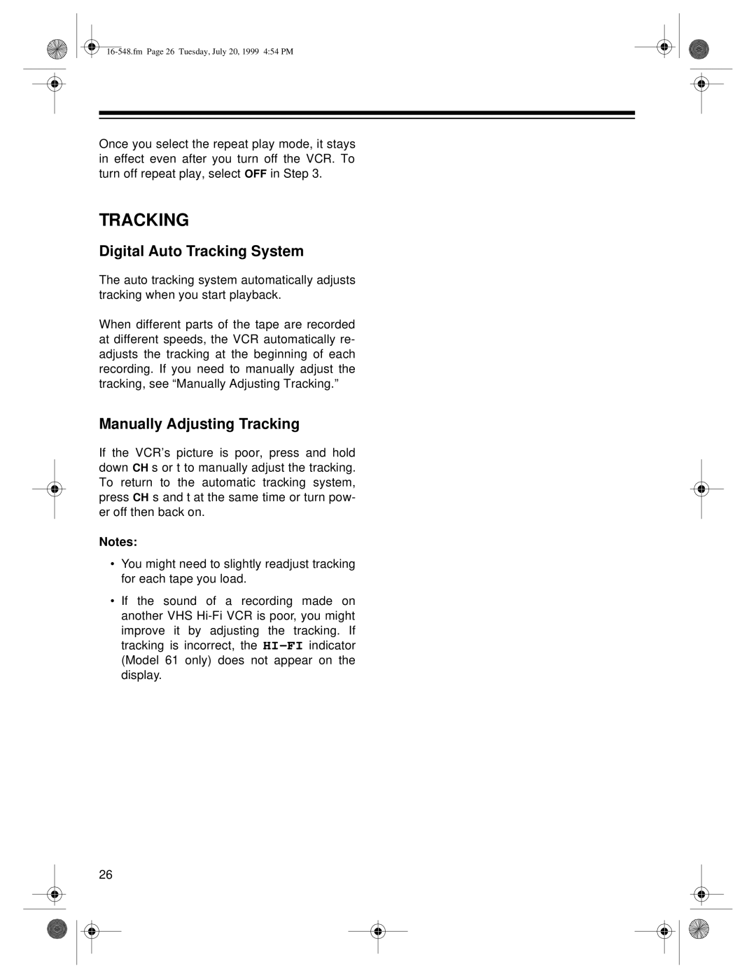 Optimus 61, 111 owner manual Digital Auto Tracking System, Manually Adjusting Tracking 