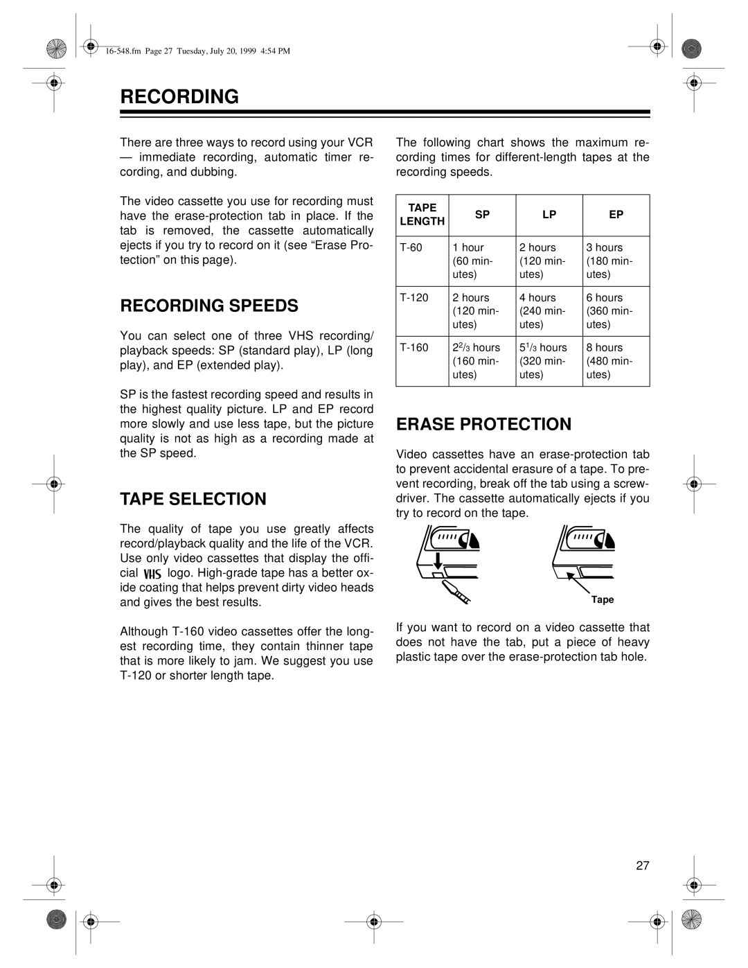 Optimus 111, 61 owner manual Recording Speeds, Tape Selection, Erase Protection 