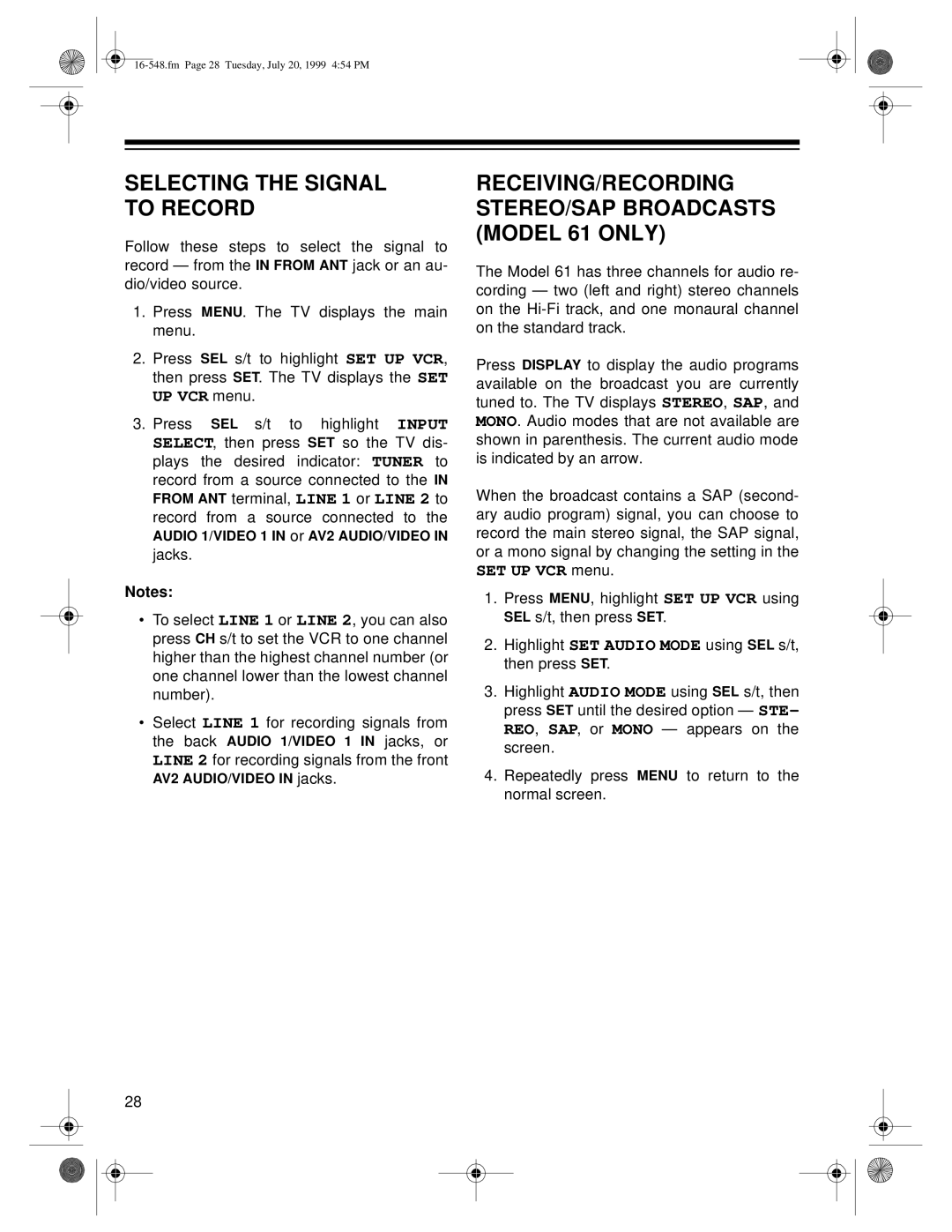 Optimus 111 owner manual Selecting the Signal to Record, RECEIVING/RECORDING STEREO/SAP Broadcasts Model 61 only 