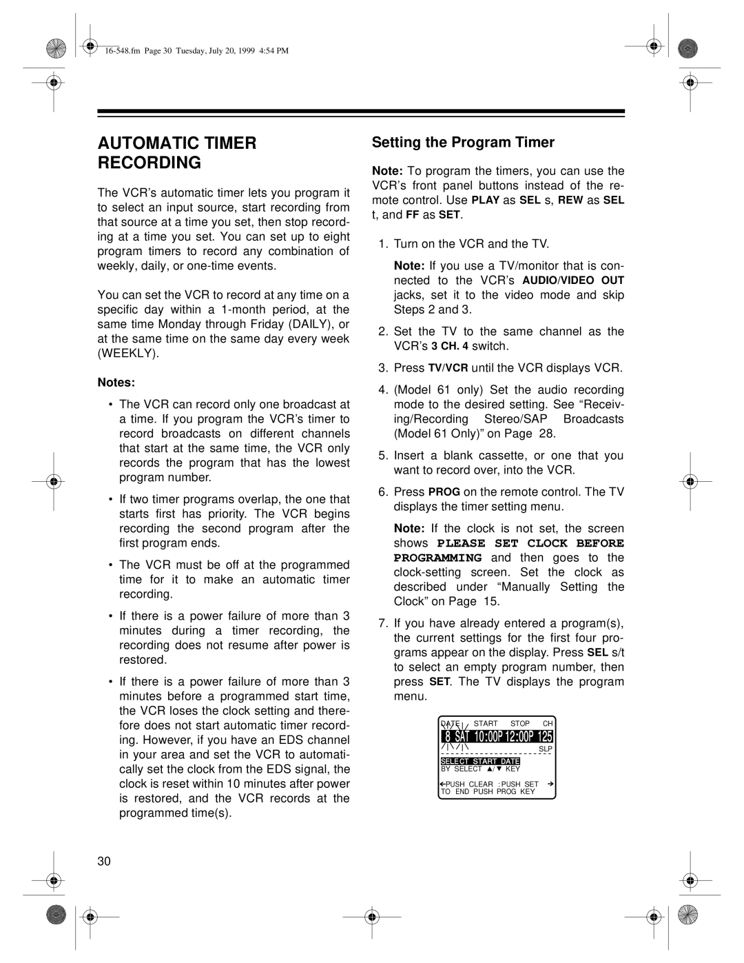 Optimus 61, 111 owner manual Automatic Timer Recording, Setting the Program Timer 