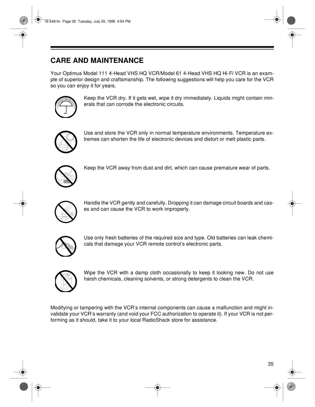 Optimus 111, 61 owner manual Care and Maintenance 