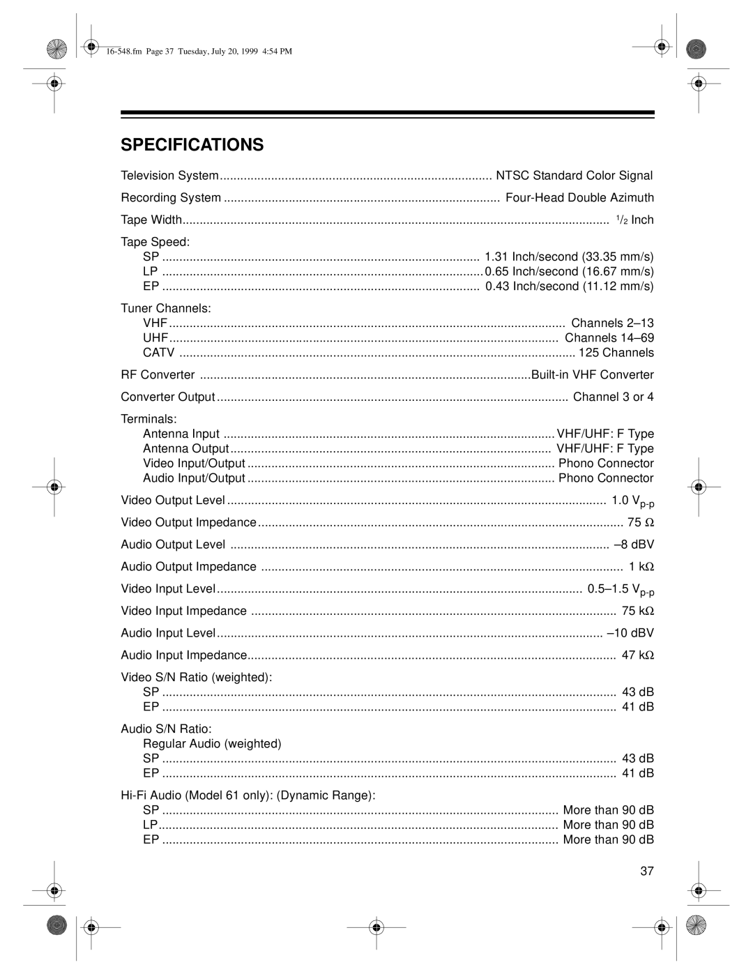 Optimus 111, 61 owner manual Specifications 