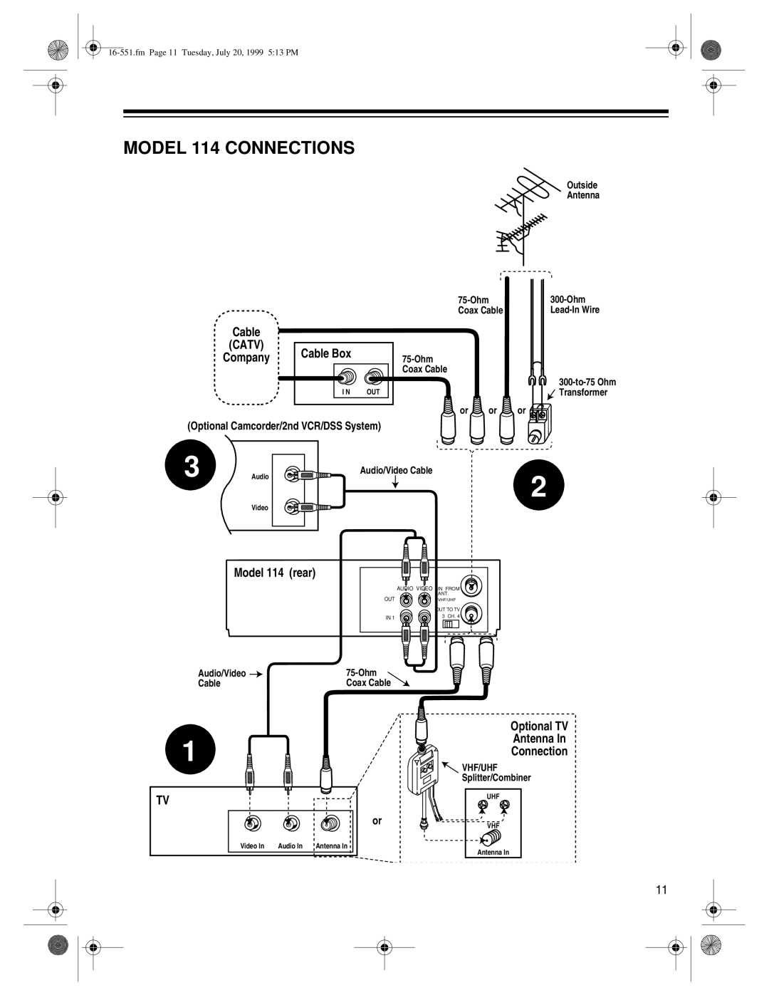 Optimus 63 owner manual Model 114 Connections, Optional Camcorder/2nd VCR/DSS System 