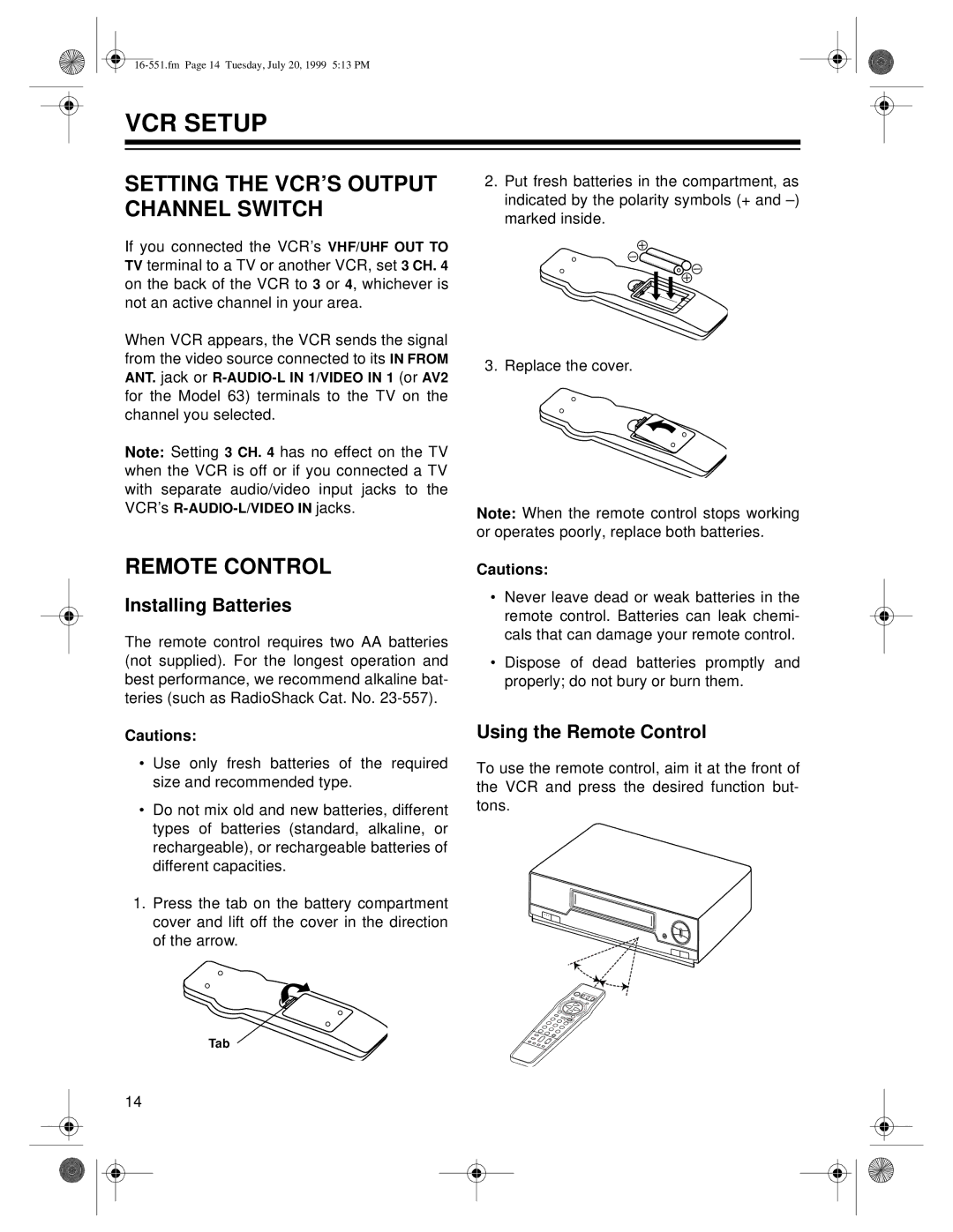 Optimus 63, 114 owner manual VCR Setup, Setting the VCR’S Output Channel Switch, Remote Control, Installing Batteries 