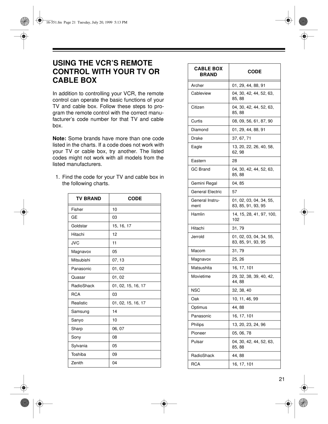 Optimus 114, 63 owner manual Using the VCR’S Remote Control with Your TV or Cable BOX, TV Brand Code 