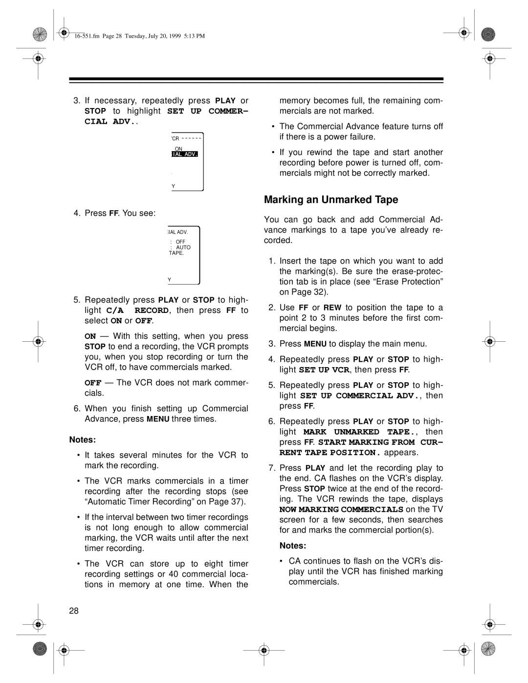 Optimus 63, 114 owner manual Marking an Unmarked Tape, Stop to highlight SET UP COMMER- Cial ADV 