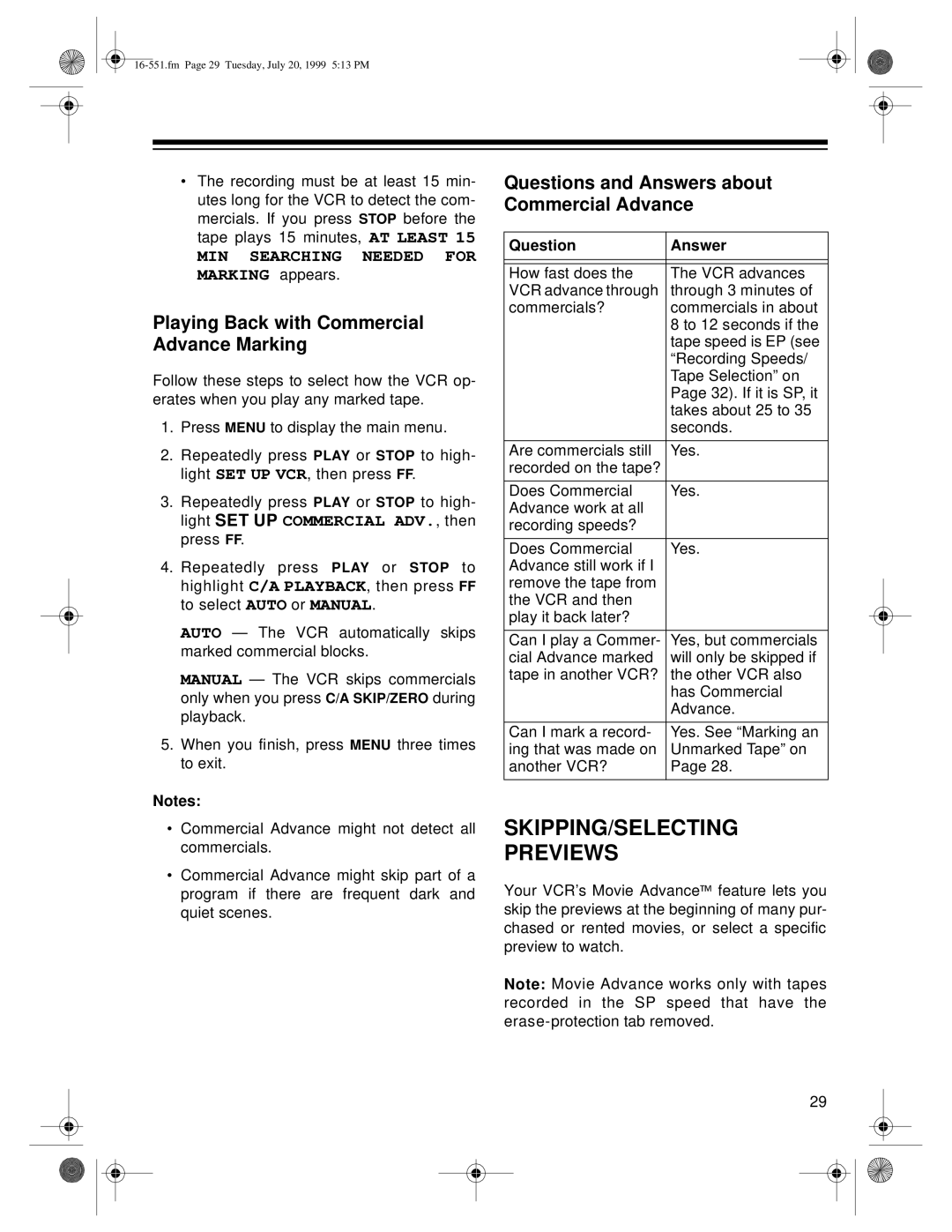 Optimus 114, 63 owner manual SKIPPING/SELECTING Previews, Playing Back with Commercial Advance Marking 