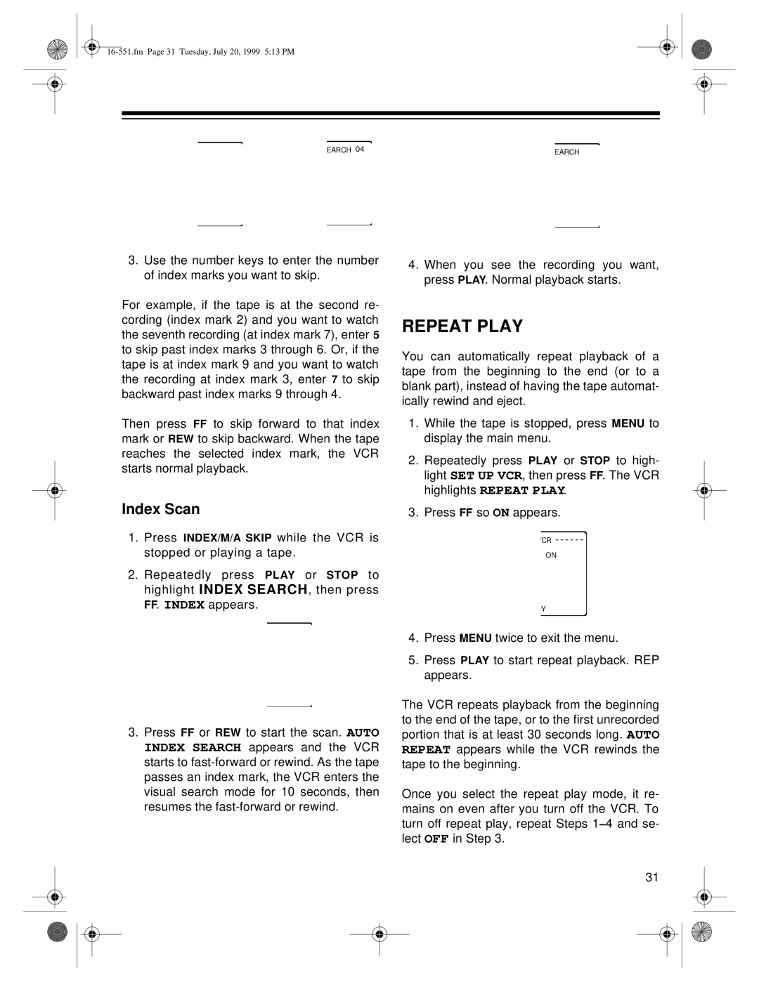 Optimus 114, 63 owner manual Repeat Play, Index Scan 