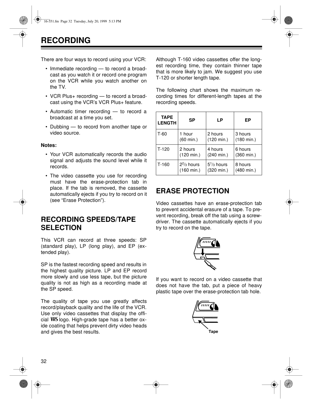 Optimus 63, 114 owner manual Recording SPEEDS/TAPE Selection, Erase Protection 