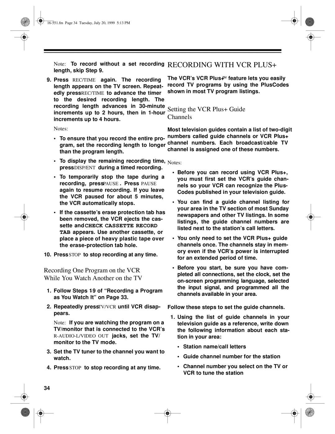 Optimus 63, 114 owner manual Recording with VCR PLUS+, Setting the VCR Plus+ Guide Channels 