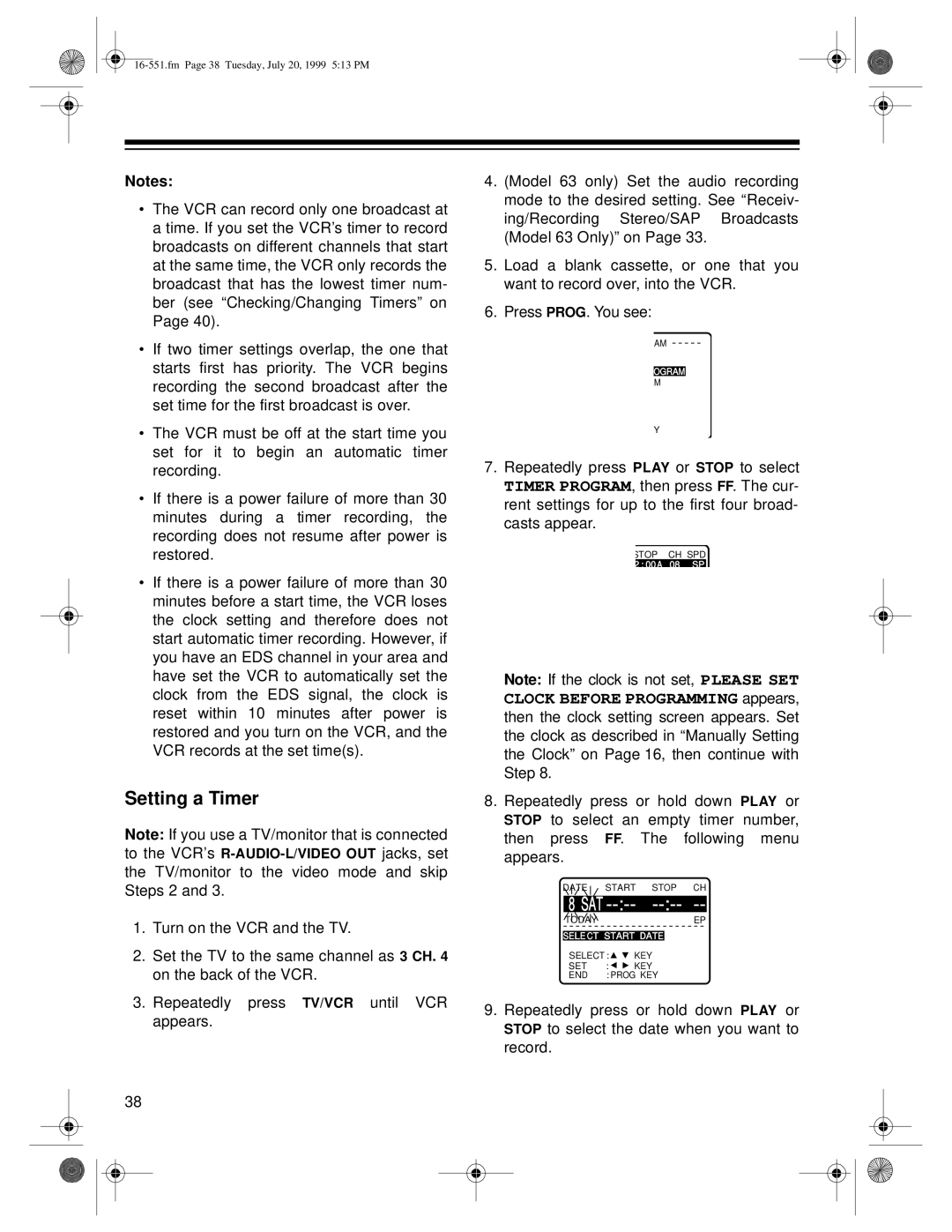 Optimus 63, 114 owner manual Setting a Timer, Sat 