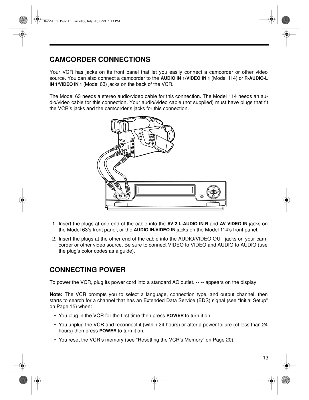 Optimus 114, 63 owner manual Camcorder Connections, Connecting Power 