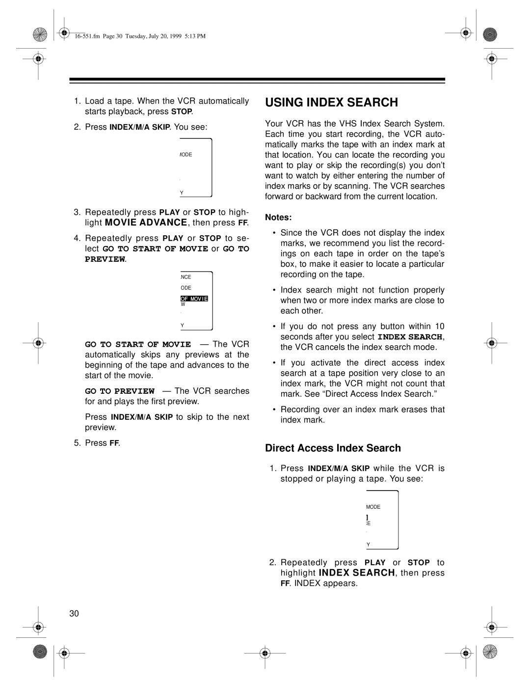 Optimus 63, 114 owner manual Using Index Search, Direct Access Index Search 