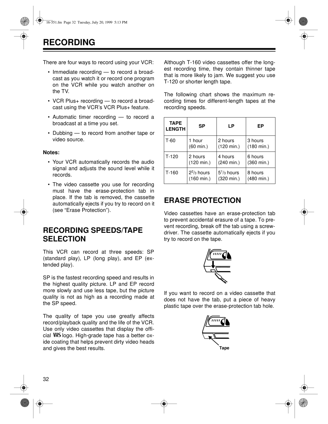 Optimus 63, 114 owner manual Recording Speeds/Tape Selection, Erase Protection 