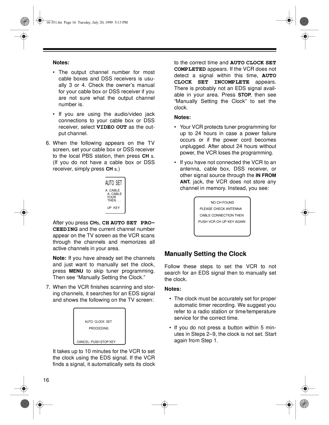 Optimus 63 (HI-FI) (16-633), 114 (16-551) owner manual Auto SET, Manually Setting the Clock 