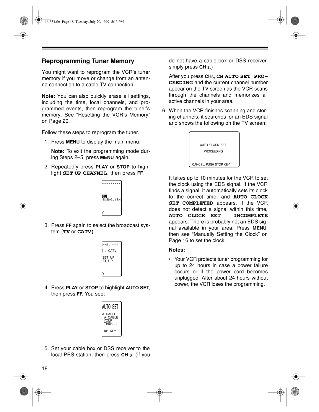 Optimus 63 (HI-FI) (16-633), 114 (16-551) owner manual Reprogramming Tuner Memory, Auto Clock SET Incomplete 