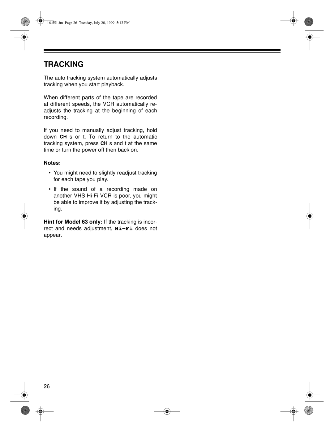 Optimus 63 (HI-FI) (16-633), 114 (16-551) owner manual Tracking 