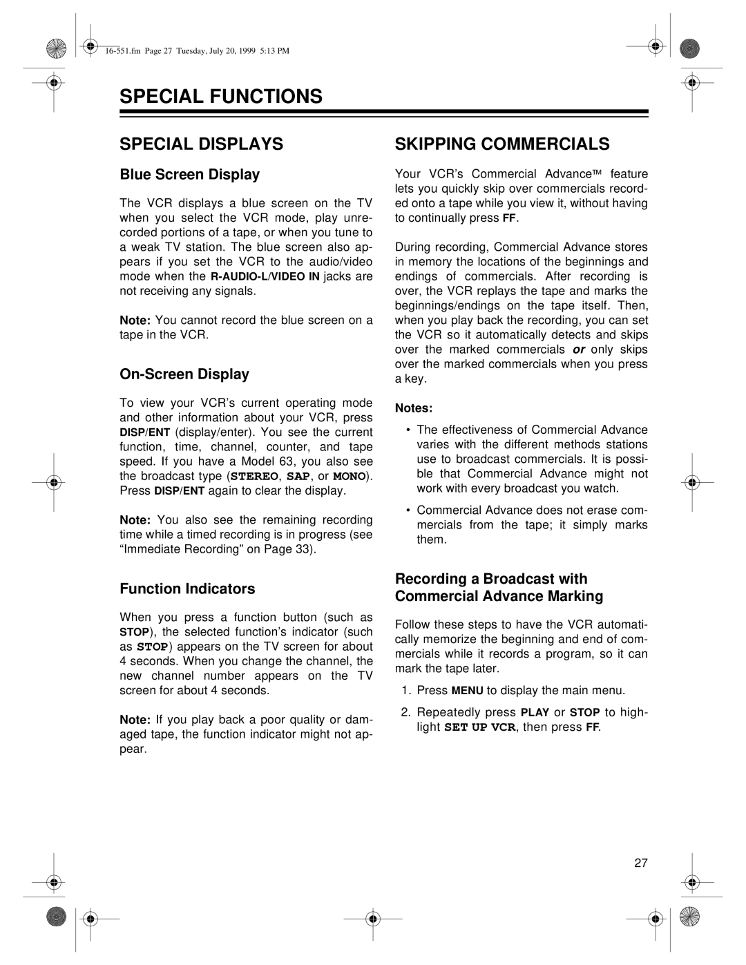 Optimus 114 (16-551), 63 (HI-FI) (16-633) owner manual Special Functions, Special Displays, Skipping Commercials 