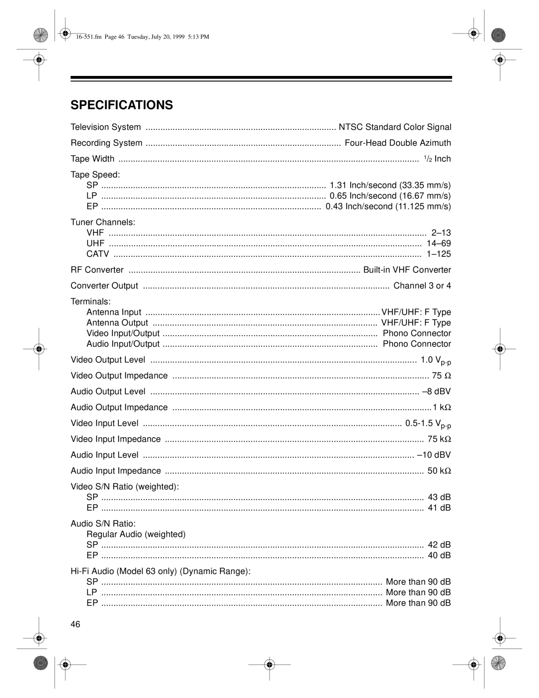 Optimus 63 (HI-FI) (16-633), 114 (16-551) owner manual Specifications 