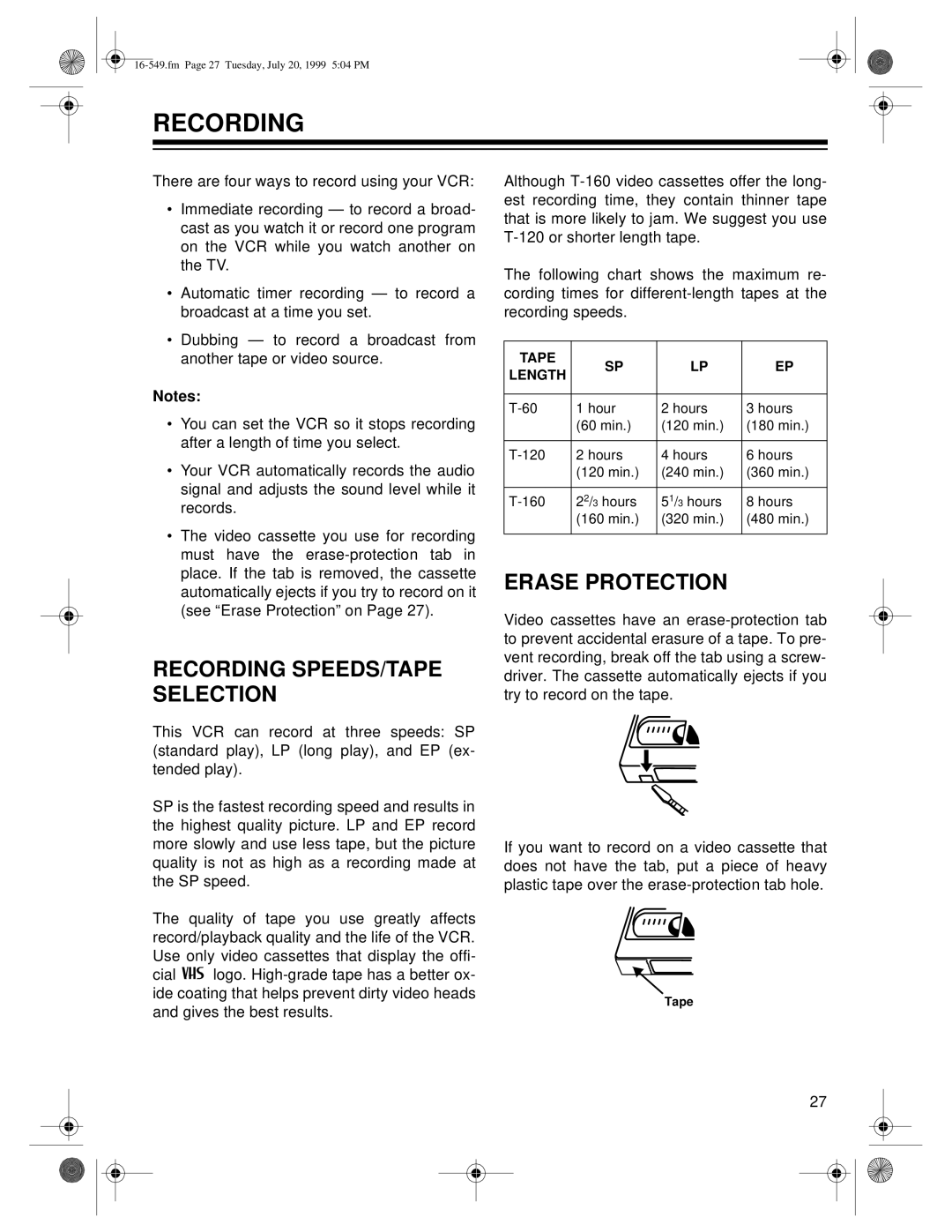 Optimus 632, 550, 16-549 owner manual Recording SPEEDS/TAPE Selection, Erase Protection 